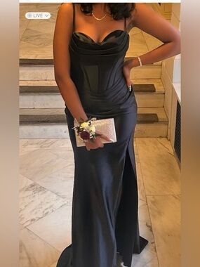 Bicici Coty Elegant Black Satin Evening Gown with sweetheart Cowl Neckline